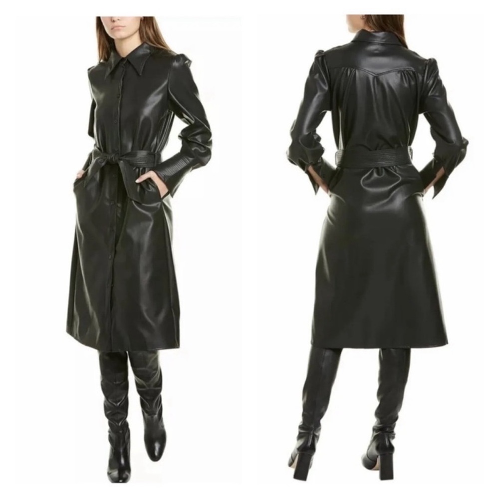 New! GRACIA Puff Sleeve Belted Faux Vegan Leather Trench Coat Midi Dress - Picture 2 of 11